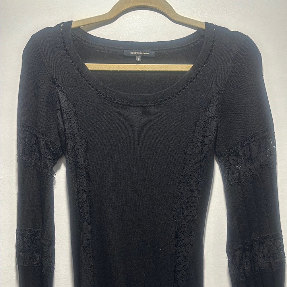 Nanette Lepore Black Bodycon Cotton Dress with Long Bishop Sleeves